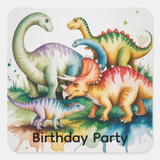 恐竜テーマの男の子の誕生日パーティー スクエアシール (正面)