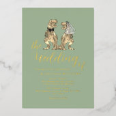 恐竜テーマの結婚式 Sage Green Gold 箔招待状 (正面)
