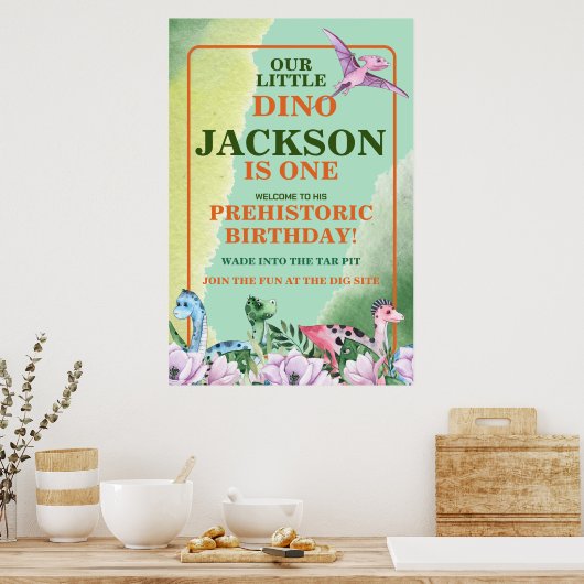 恐竜テーマの1歳誕生日 ポスター (キッチン)