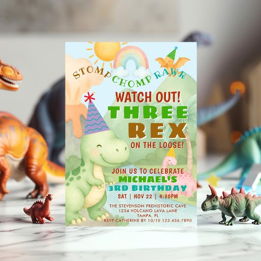 恐竜テーマの3歳の恐竜の誕生日パーティーの少年 招待状