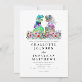 恐竜テーマカラフルワイルドフラワー結婚ズ 招待状 (正面)