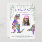 恐竜テーマガールズバースデーパーティー写真パープル 招待状 (正面)