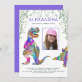 恐竜テーマガールズバースデーパーティー写真パープル 招待状 (正面/裏面)