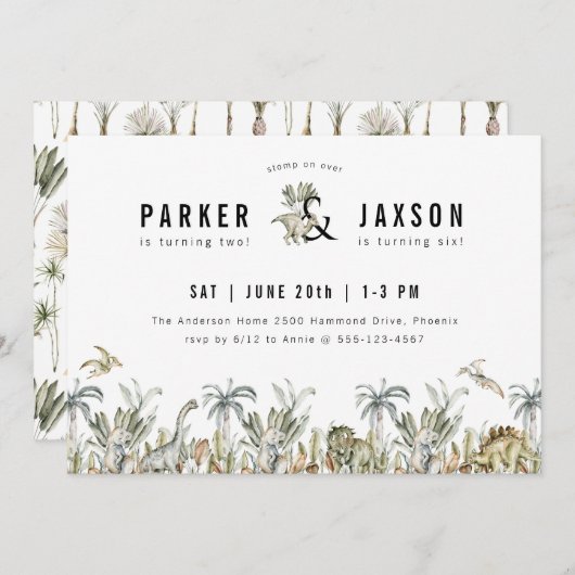 恐竜テーマ共同誕生日パーティー 招待状 (正面/裏面)