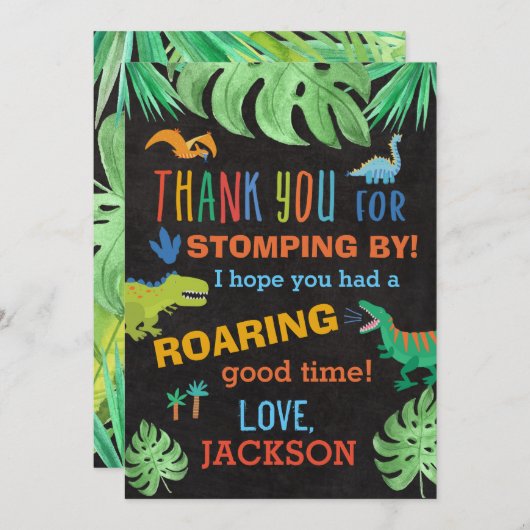 恐竜テーマ誕生日パーティーサンキューカード 招待状 (正面/裏面)
