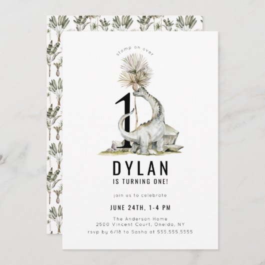 恐竜テーマ1st誕生日パーティー 招待状 (正面/裏面)