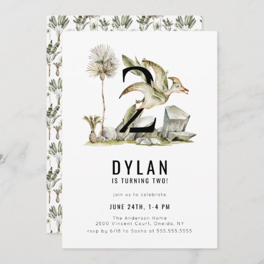 恐竜テーマ2nd誕生日パーティの招待状 招待状 (正面/裏面)