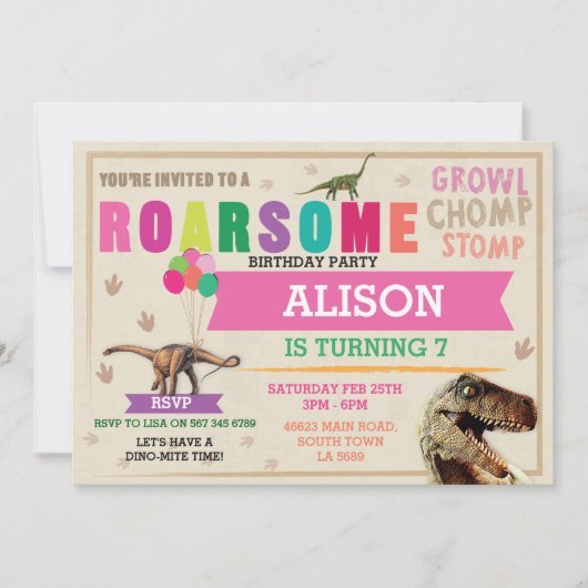 恐竜ディグバースデーパーティーTレックスディノピンク招待状 招待状 (正面)