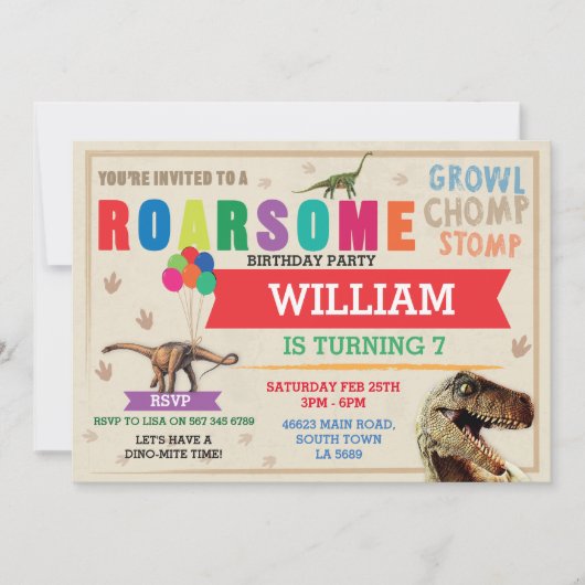 恐竜ディグ誕生日パーティーTレックスディノレッド招待状 招待状 (正面)