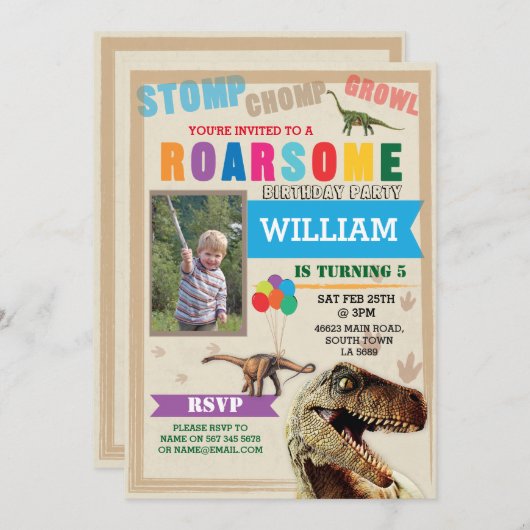 恐竜ディグ誕生日パーティーTレックス写真招待状 招待状 (正面/裏面)