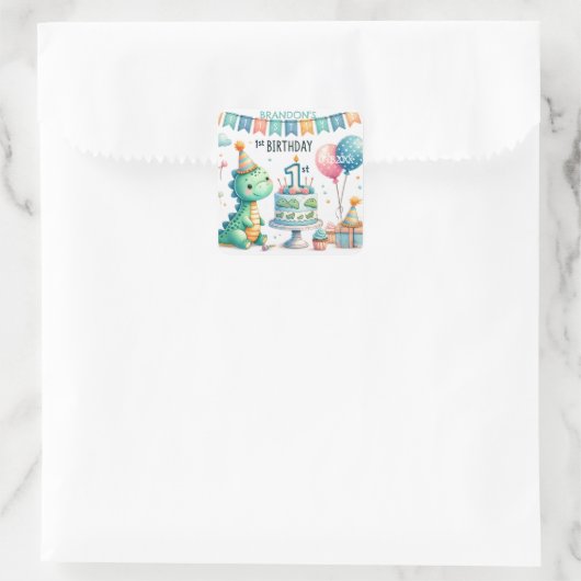 恐竜ディノの1歳誕生日パーティー スクエアシール (バッグ)