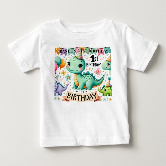 恐竜ディノの1歳誕生日パーティー ベビーTシャツ (正面)