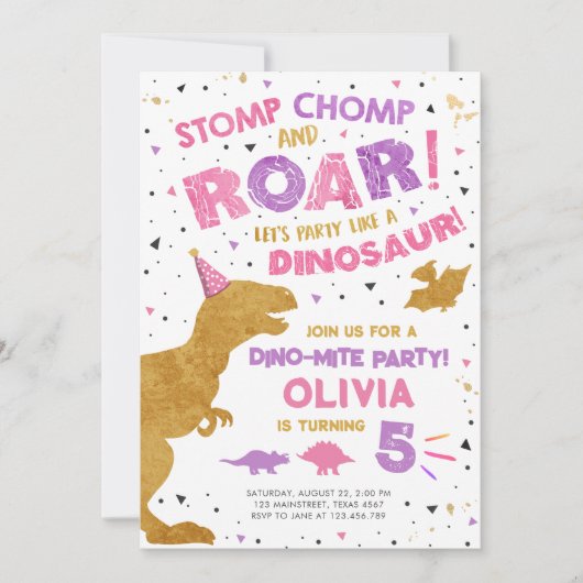 恐竜ディノディグガールTレックス誕生日パーティー 招待状 (正面)