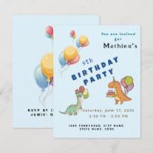 恐竜ディノパーティー 子供の誕生日 青 おかしい 招待状 (正面/裏面)