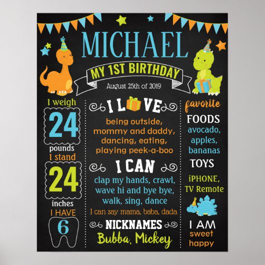 恐竜ディノ最初の誕生日サイン男の子 ポスター (正面)