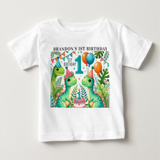 恐竜ディノ1歳誕生日パーティー ベビーTシャツ (正面)
