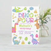 恐竜ディノ–4女の子4歳の誕生日の招待。 招待状 (スタンド正面)