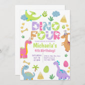 恐竜ディノ–4女の子4歳の誕生日の招待。 招待状 (正面/裏面)