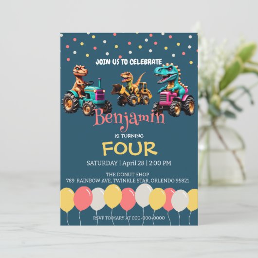恐竜トラクターバルーンスクール誕生日 招待状 (スタンド正面)