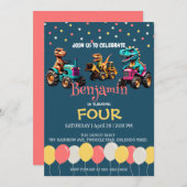 恐竜トラクターバルーンスクール誕生日 招待状 (正面/裏面)