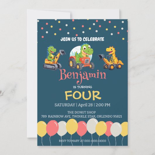 恐竜トラクターバルーンスクール誕生日 招待状 (正面)