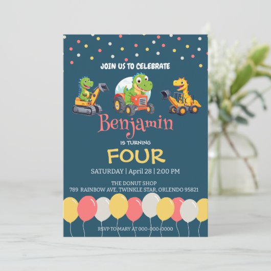 恐竜トラクターバルーンスクール誕生日 招待状 (スタンド正面)