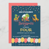 恐竜トラクターバルーンスクール誕生日 招待状 (正面/裏面)