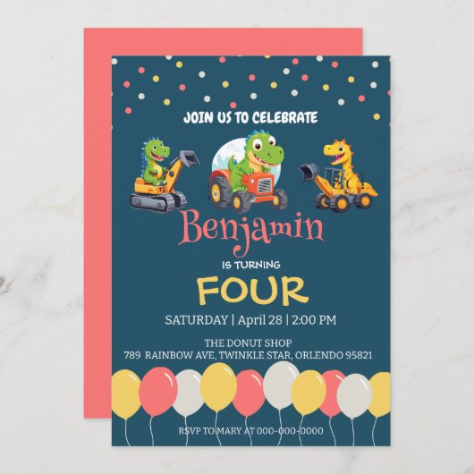 恐竜トラクターバルーンスクール誕生日 招待状 (正面/裏面)