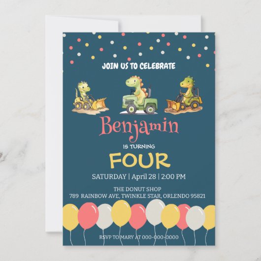 恐竜トラクターバルーンスクール誕生日 招待状 (正面)