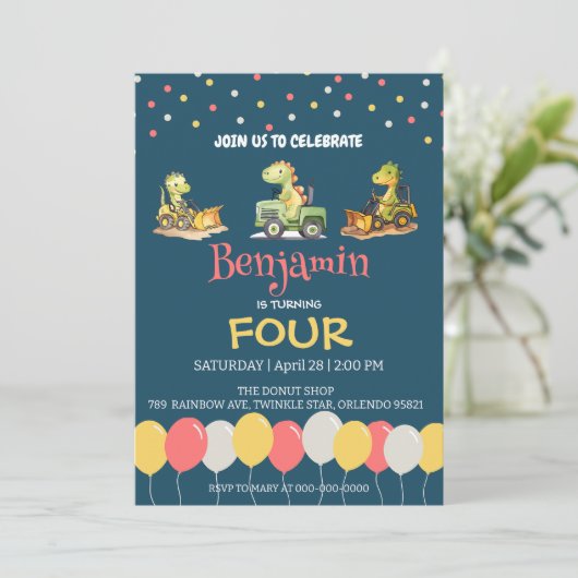 恐竜トラクターバルーンスクール誕生日 招待状 (スタンド正面)