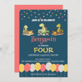 恐竜トラクターバルーンスクール誕生日 招待状 (正面/裏面)