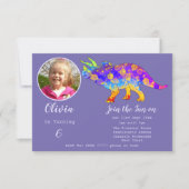 恐竜トリケラトプス女の子誕生日紫の写真I 招待状 (正面)