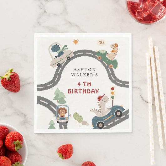 恐竜ドライバパーティー動物子供の誕生日 スタンダードランチョンナプキン (インサイチュ)