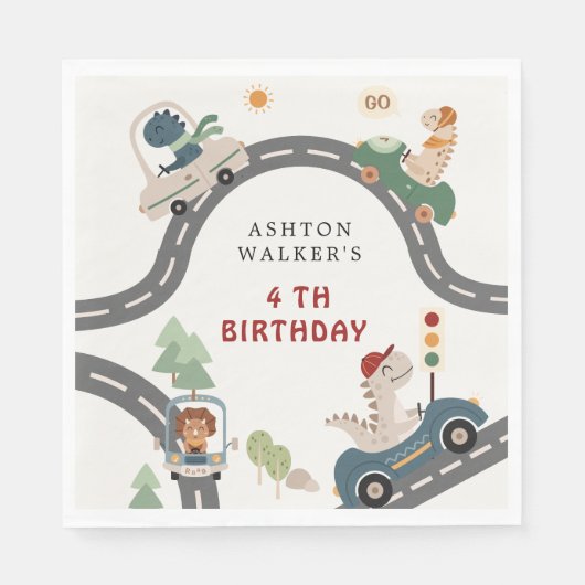 恐竜ドライバパーティー動物子供の誕生日 スタンダードランチョンナプキン (正面)