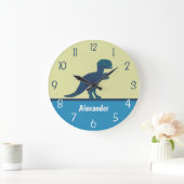 恐竜ネイビーブルーグリーンティール(緑がかった色)ウォールクロック ラージ壁時計 (ホーム)