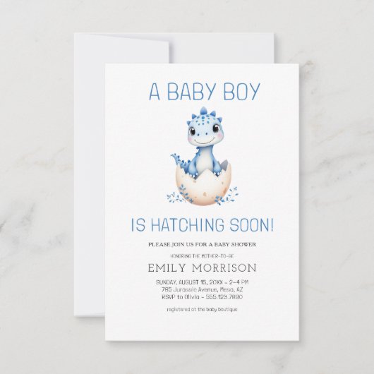 恐竜ハッチングスーンディノ男の赤ちゃんシャワー 招待状 (正面)