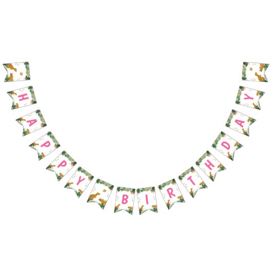 恐竜ハッピーバースデーガールピンク&金ゴールドディノ バンティングフラッグ (全)