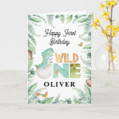 恐竜ハッピーファーストバースデーワイルドワングリーティング カード (黄色い花)