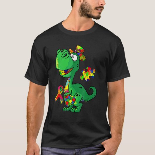 恐竜パズルピースパーカー 自閉症啓発 ボーイズ Tシャツ (正面)