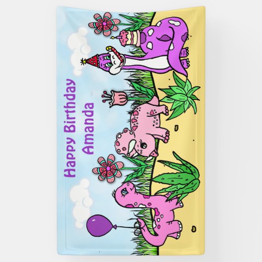 恐竜パーソナライズされたの女の子の誕生日パーティー 横断幕 (縦)