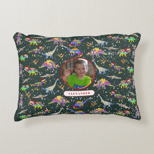 恐竜パーソナライズされたの少年の写真と名前 アクセントクッション (正面)