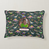 恐竜パーソナライズされたの少年の写真と名前 アクセントクッション (裏面)