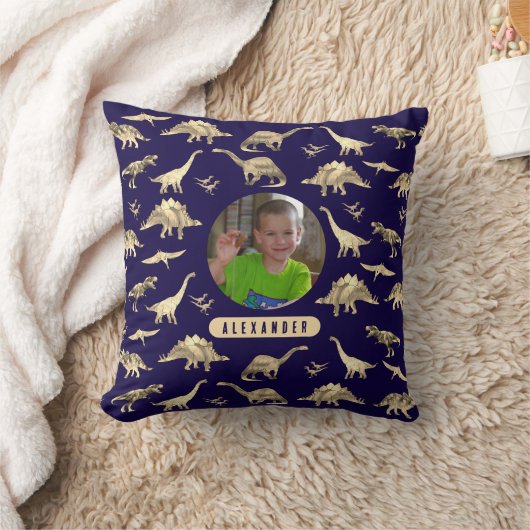 恐竜パーソナライズされたの少年の写真と名前 クッション (ブランケット)