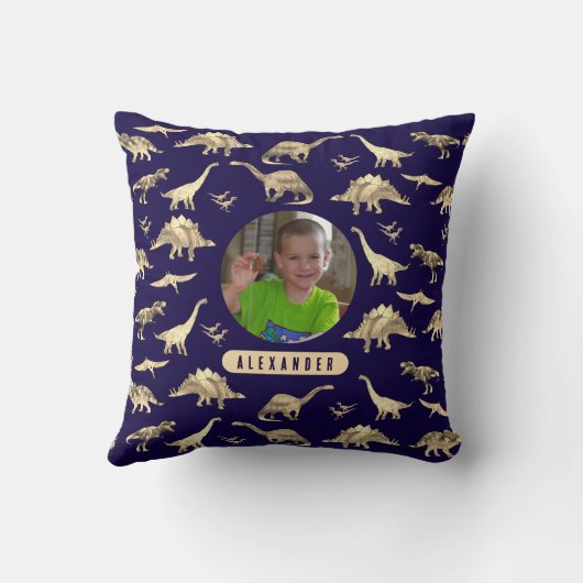 恐竜パーソナライズされたの少年の写真と名前 クッション (裏面)