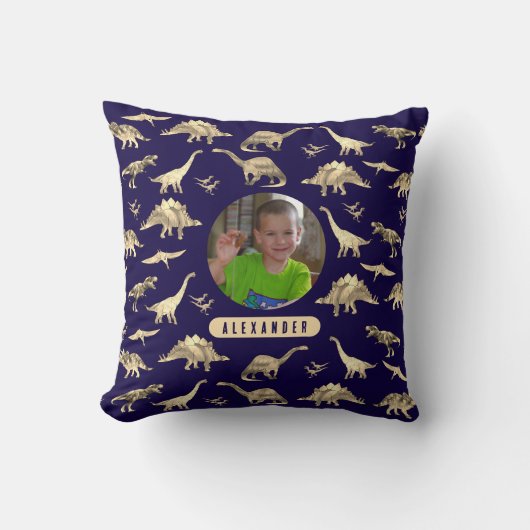 恐竜パーソナライズされたの少年の写真と名前 クッション (正面)