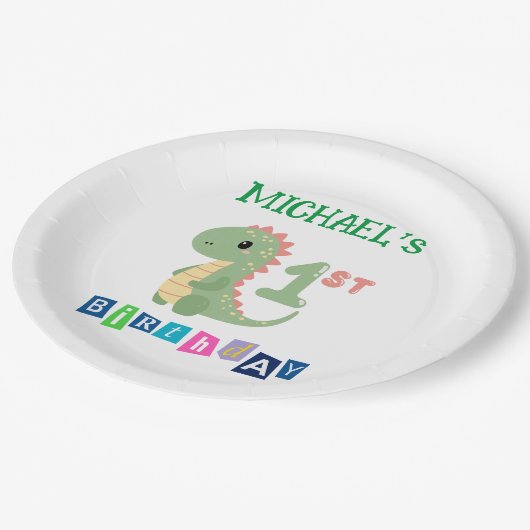 恐竜パーソナライズされたの1歳の誕生日 ペーパープレート (アングル)