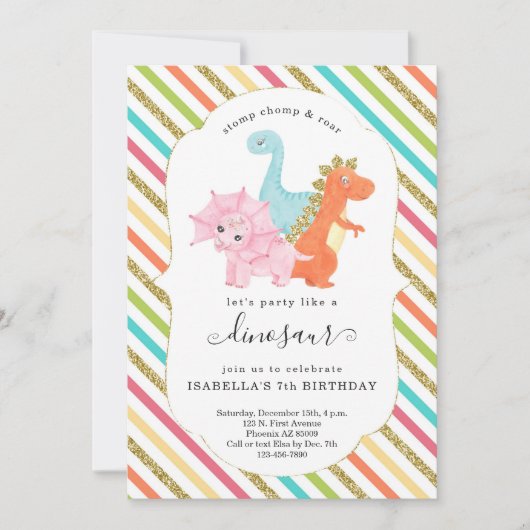 恐竜パーソナライズされたをテーマにした女の子の誕生日パーティー 招待状 (正面)