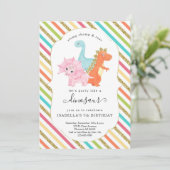 恐竜パーソナライズされたをテーマにした女の子の誕生日パーティー 招待状 (スタンド正面)