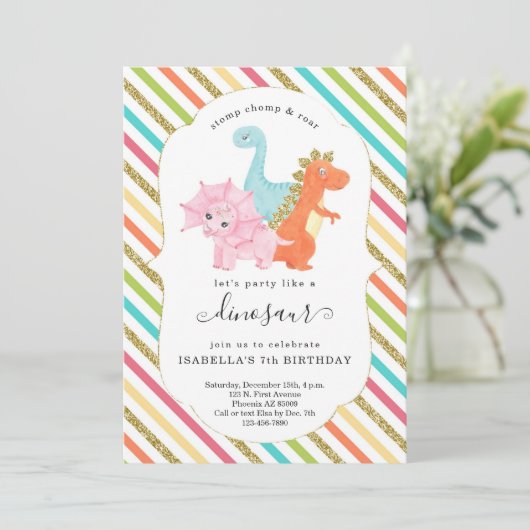 恐竜パーソナライズされたをテーマにした女の子の誕生日パーティー 招待状 (スタンド正面)