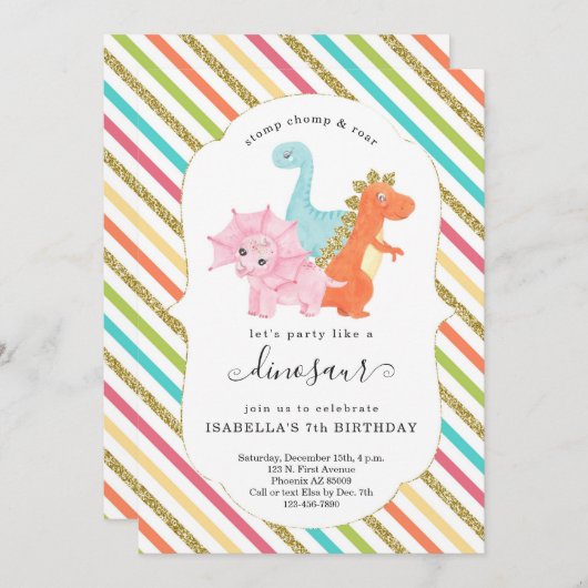 恐竜パーソナライズされたをテーマにした女の子の誕生日パーティー 招待状 (正面/裏面)